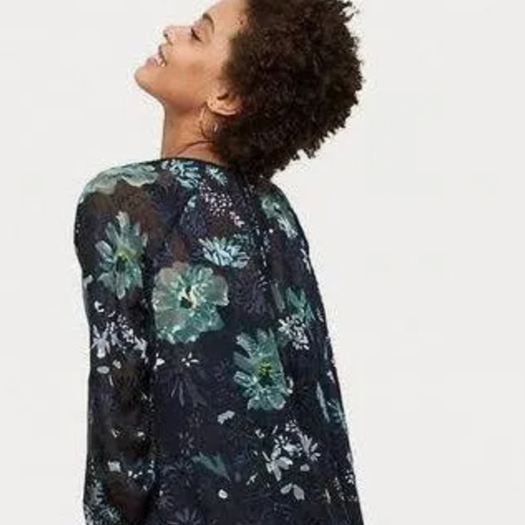 NWT LOFT Blue Sheer Bell Sleeve  Dark Floral Blouse - Picture 2 of 6